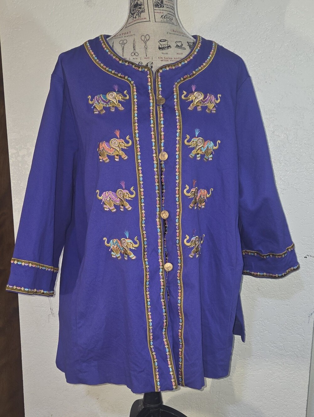 Bob Mackie Wearable Art Embroidered Elephants Purple Button Up Jacket 2-3XL